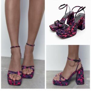 NWOB Zara Platform Sandals Women's size‎ 10 Purple Pink Leopard Print Block Heel